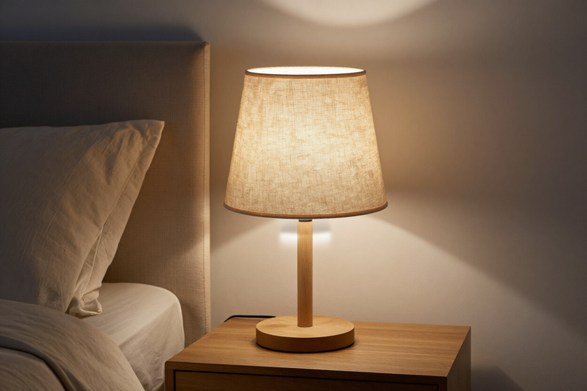 Lampada da comodino con paralume in lino in una camera accogliente.