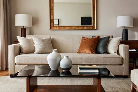 Living curato con accessori d'arredo: vasi, cuscini, specchio e lampada da tavolo.