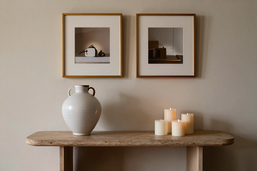 Consolle con oggetti decorativi: vaso in ceramica, candele e quadro.