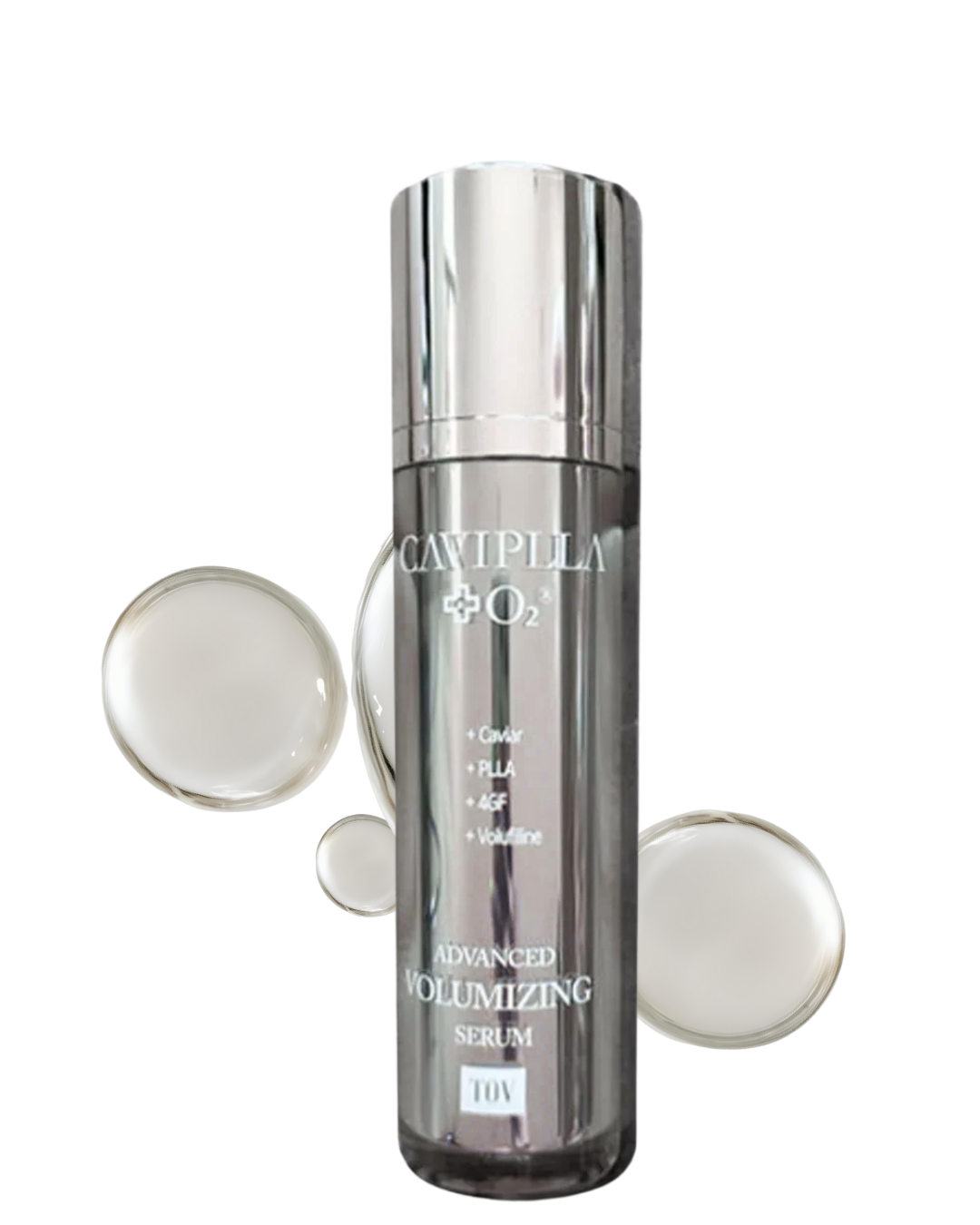 A bottle of serum is surrounded by bubbles on a white background.