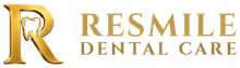 Resmile Dental Care logo with gold stylized R and lettering on white background