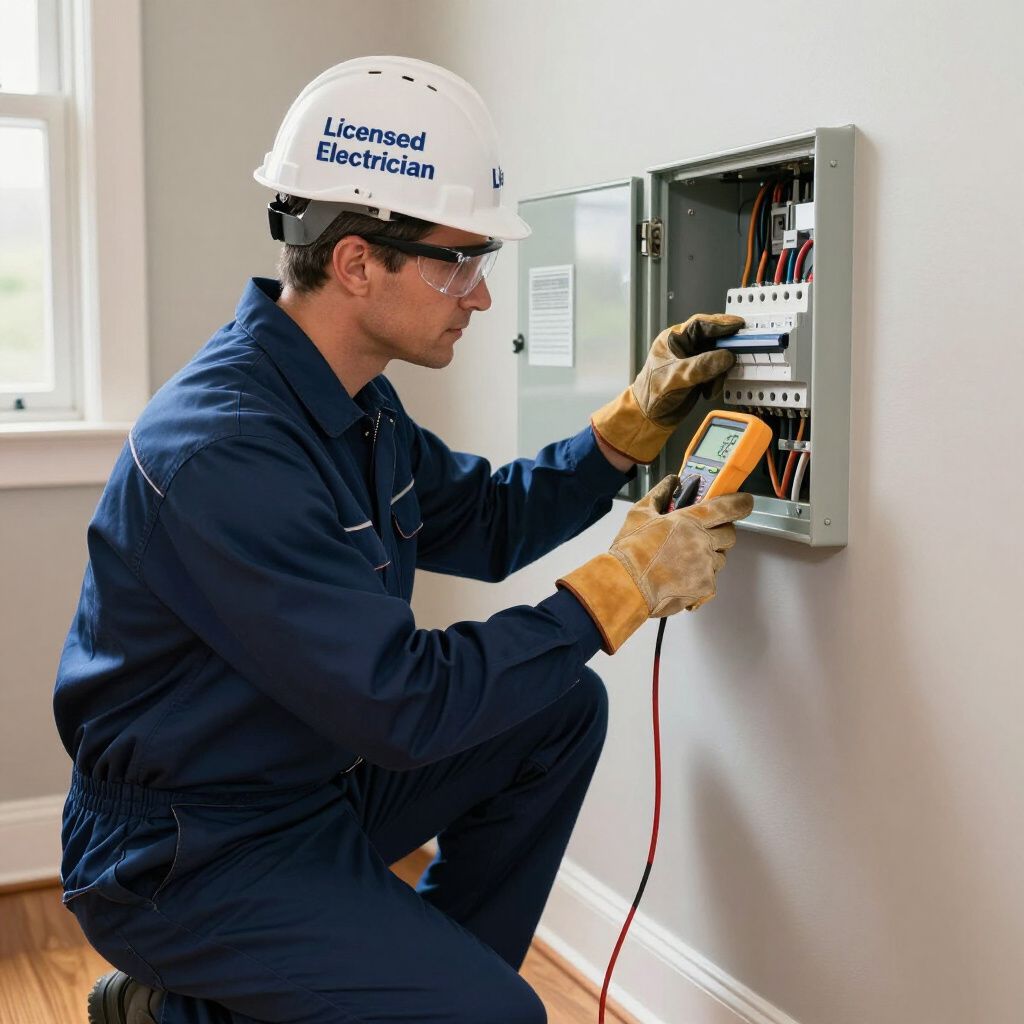 Electrician using multimeter on electrical panel.