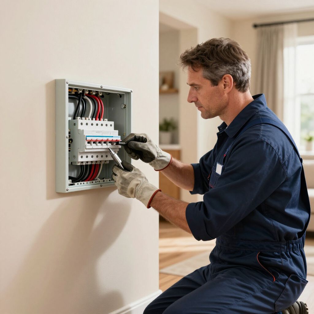 Electrician working on a circuit breaker panel, wearing gloves and a blue jumpsuit.