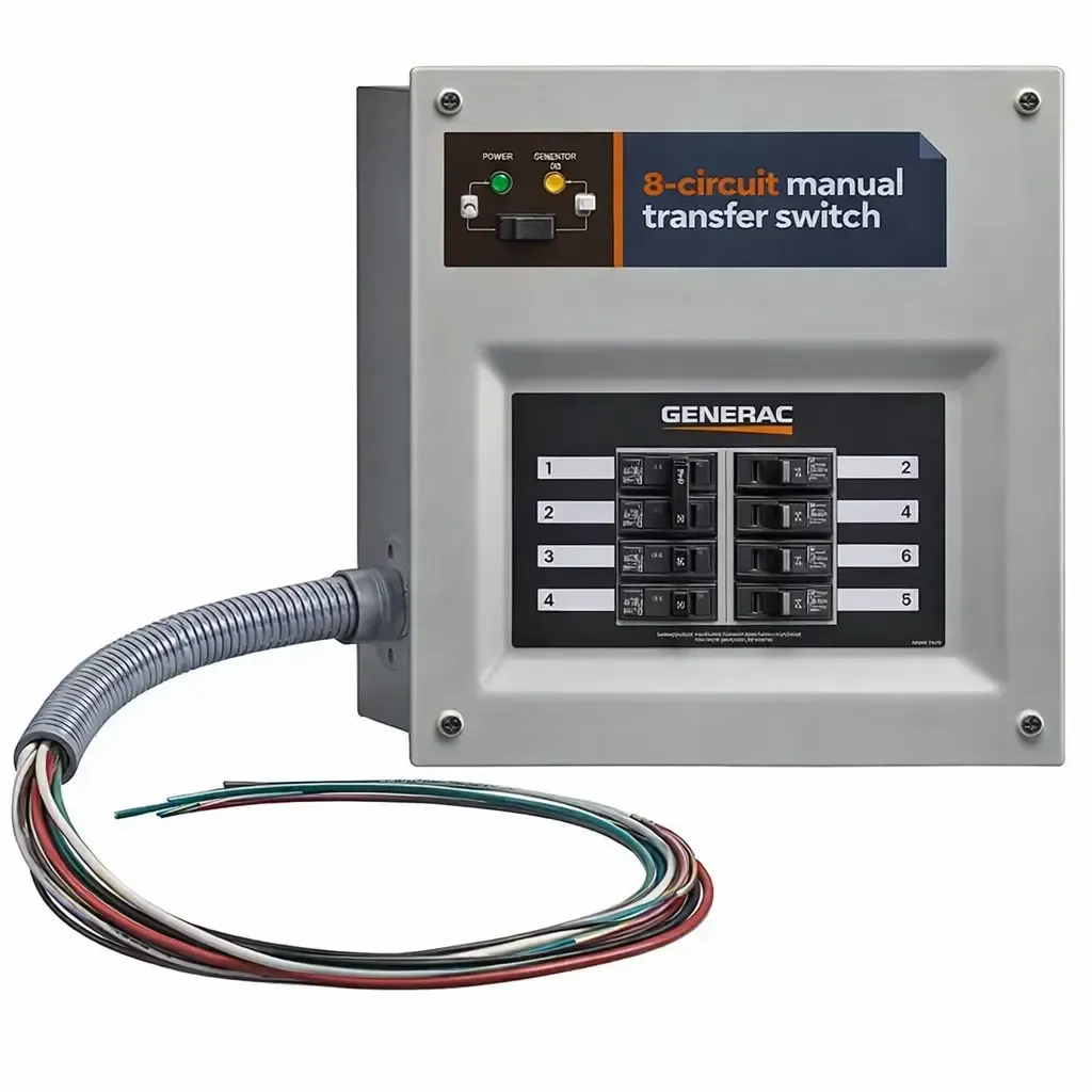 Generac 8-circuit manual transfer switch. Gray box with breakers, indicator lights, and a wiring cable.