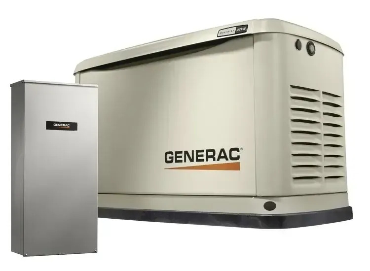Generac home backup generator system; tan generator and silver transfer switch, outdoor setting.