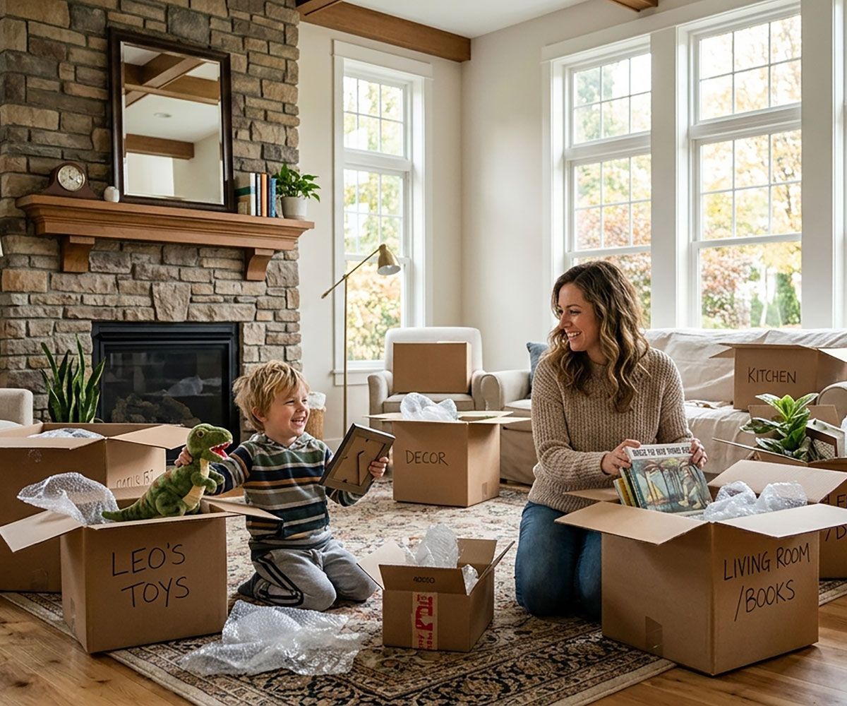 Mother and son in Elyria, Ohio unpacking boxes in their new home they used Infinity Title Agency for title and escrow real estate closing services.