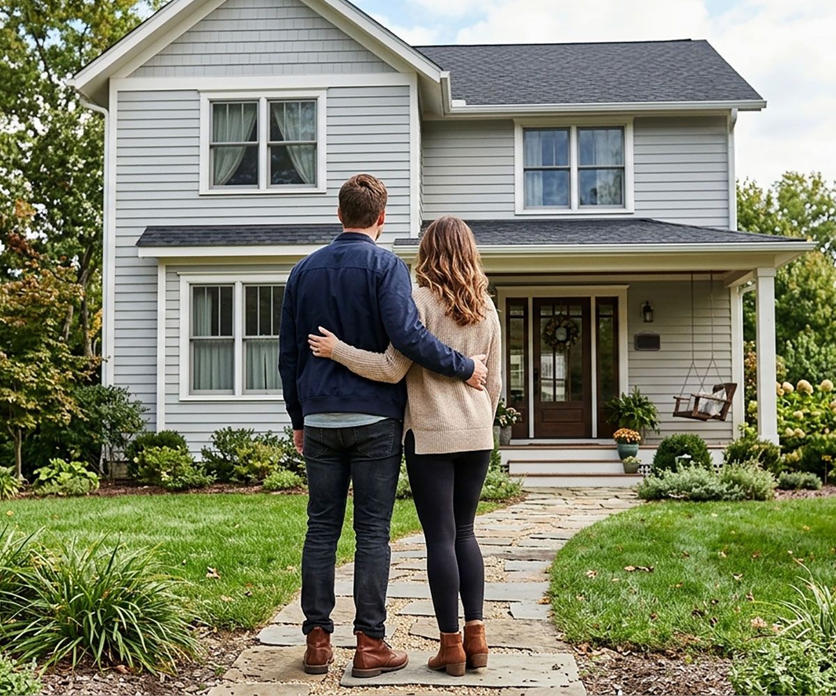 Man and woman standing in front of their new Collier County, Florida home after doing a Remote Online Notarization (RON) Closing with Infinity Title Agency.