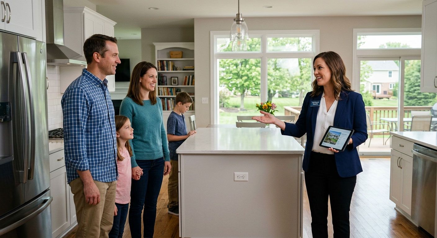 A Aurora Ohio real estate agent showing a family a new home with title and escrow services by Infinity Title Agency