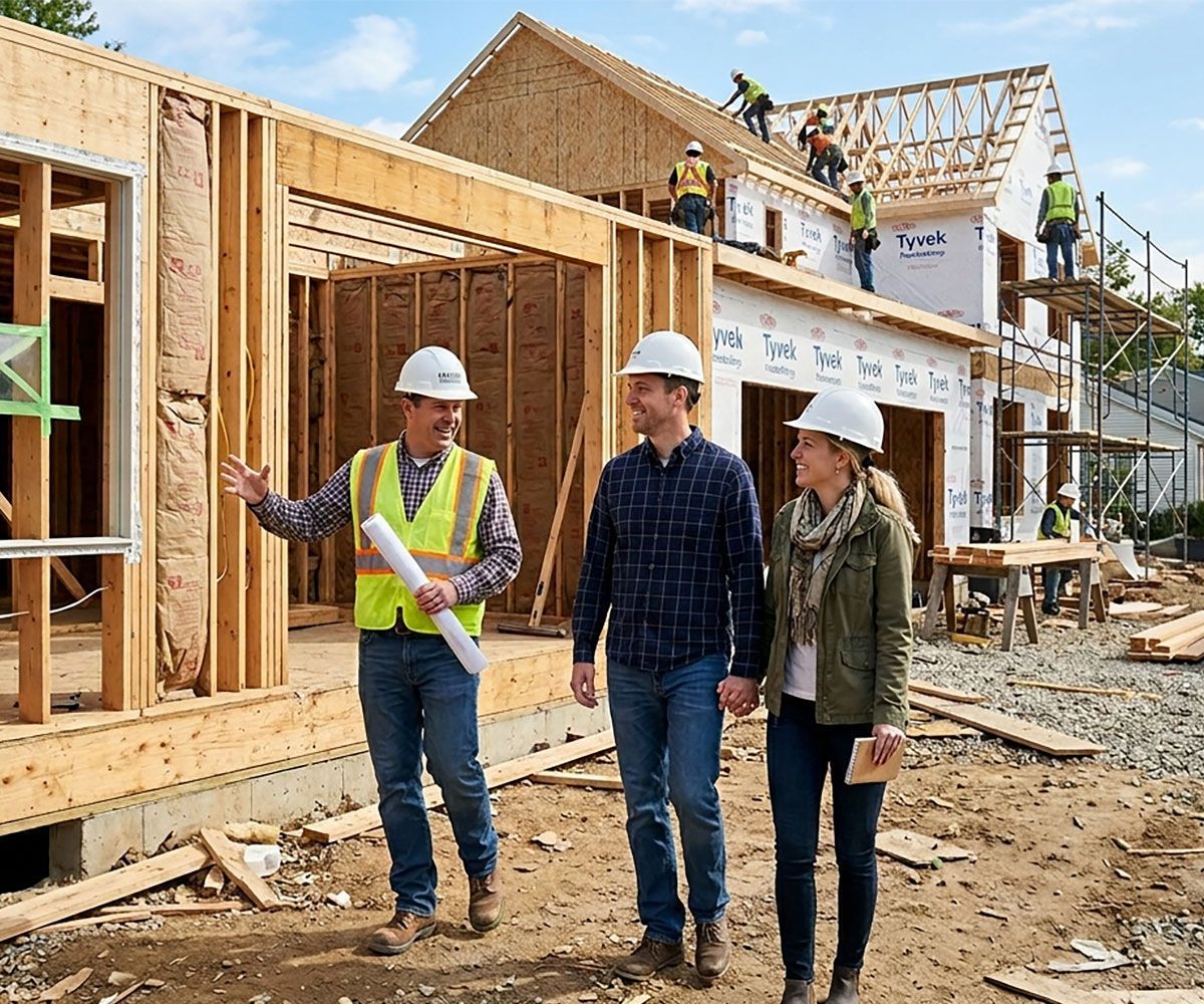 Aurora Ohio new construction residential builder showing clients their home under development that will be using title and escrow services from Infinity Title Agency for closing.