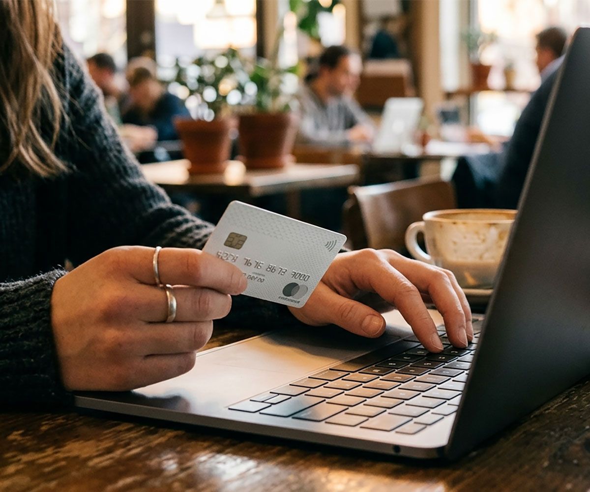 A Northeast Ohio woman in coffee shop using credit card on Qualia cyber security platform with Infinity Title Agency