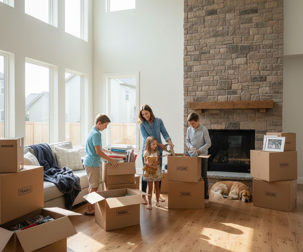 For sale by owner Bradenton, Florida family with moving boxes in living room using title and escrow company Infinity Title Agency for their real estate closing.