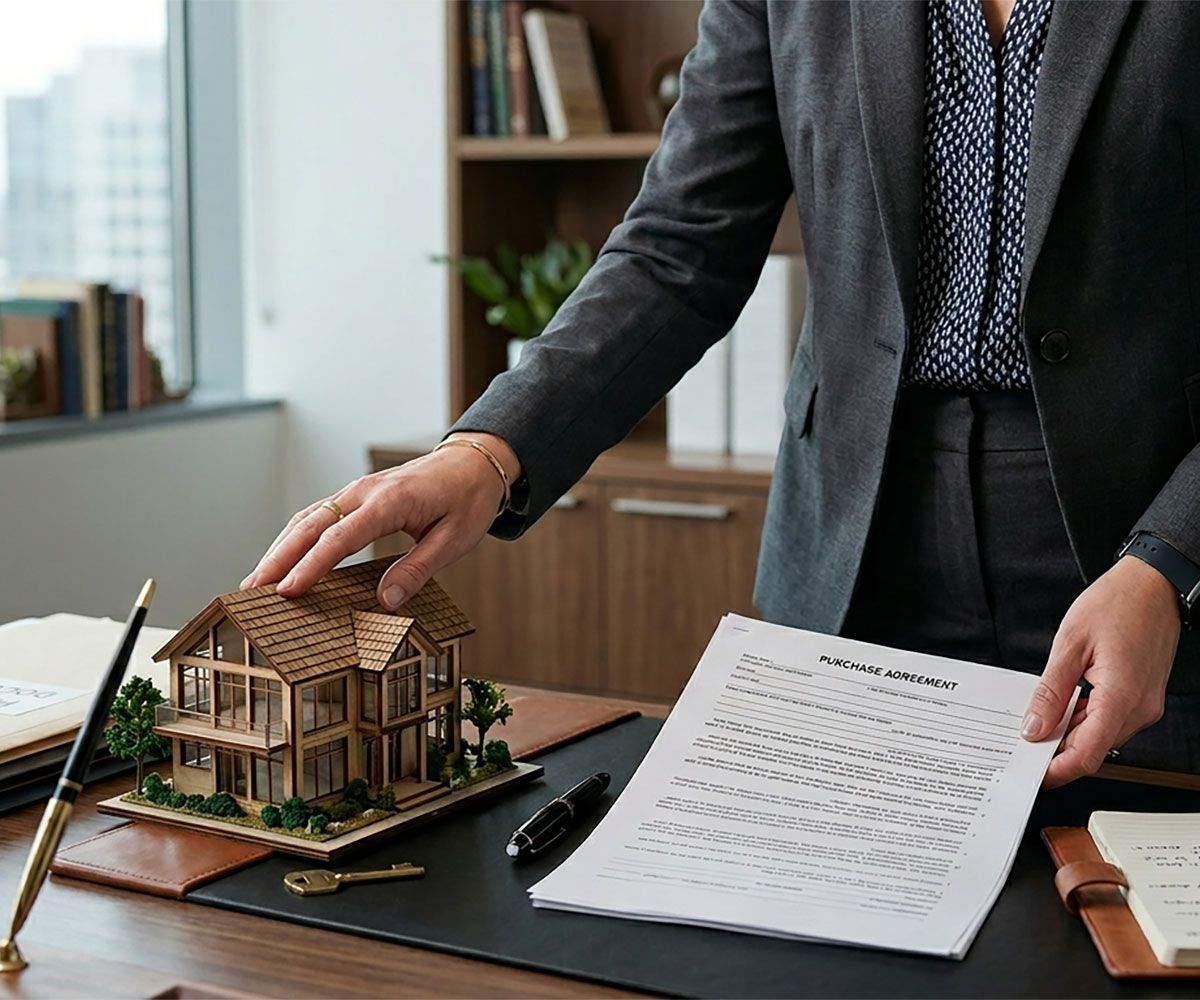 A Northeast Ohio real estate agent handing a purchase agreement to a home seller as part of the escrow services from Infinity Title Agency