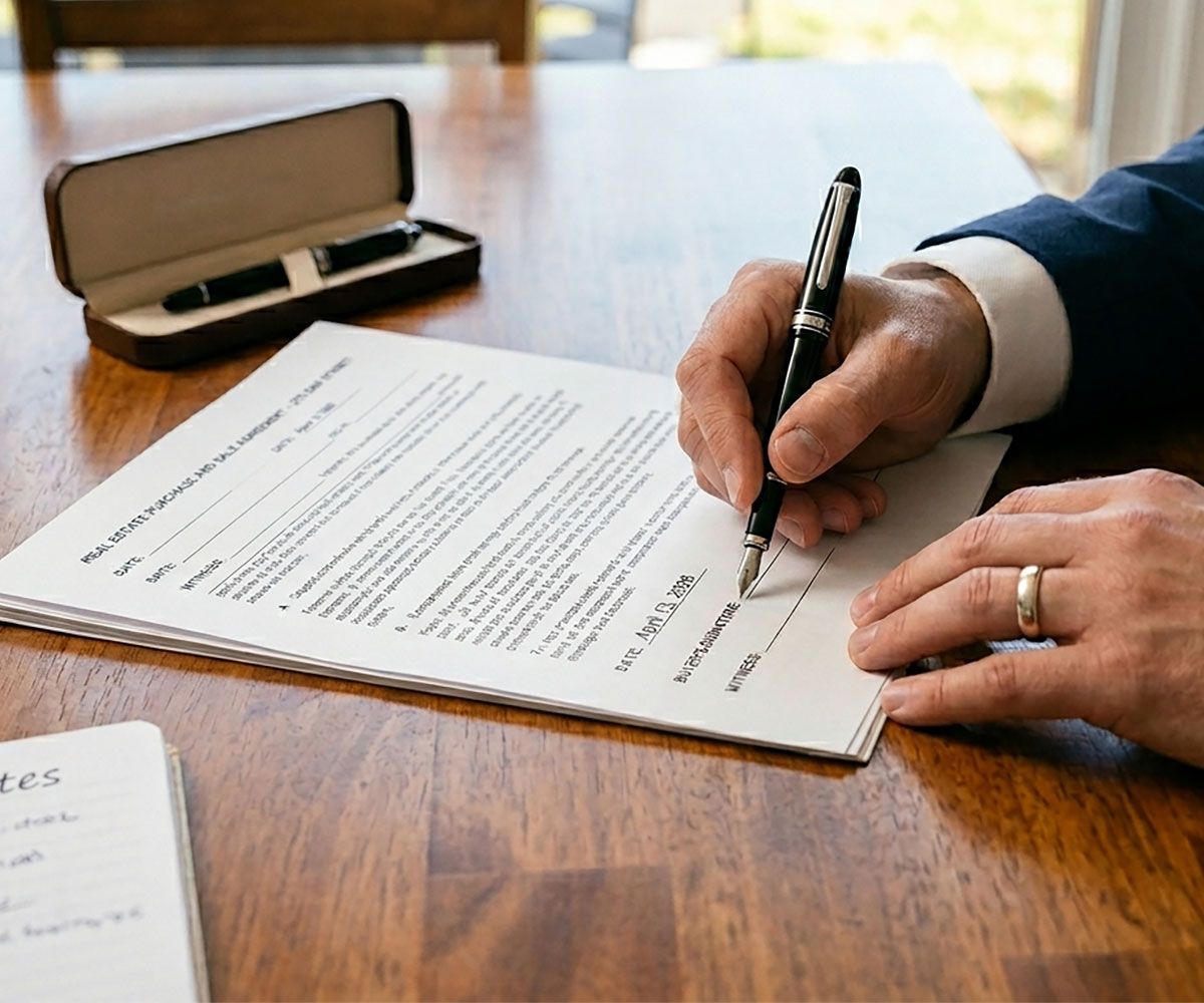 Man signing escrow closing documents on Northeast Ohio property with Infinity Title Agency