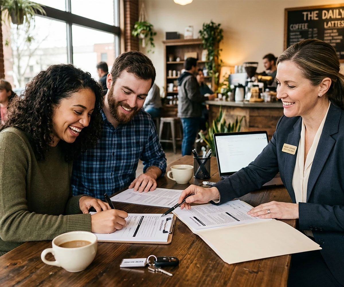A man and woman at their mobile real estate closing with title agent notary from Infinity Title Agency signing papers for their new Collier County Florida home.