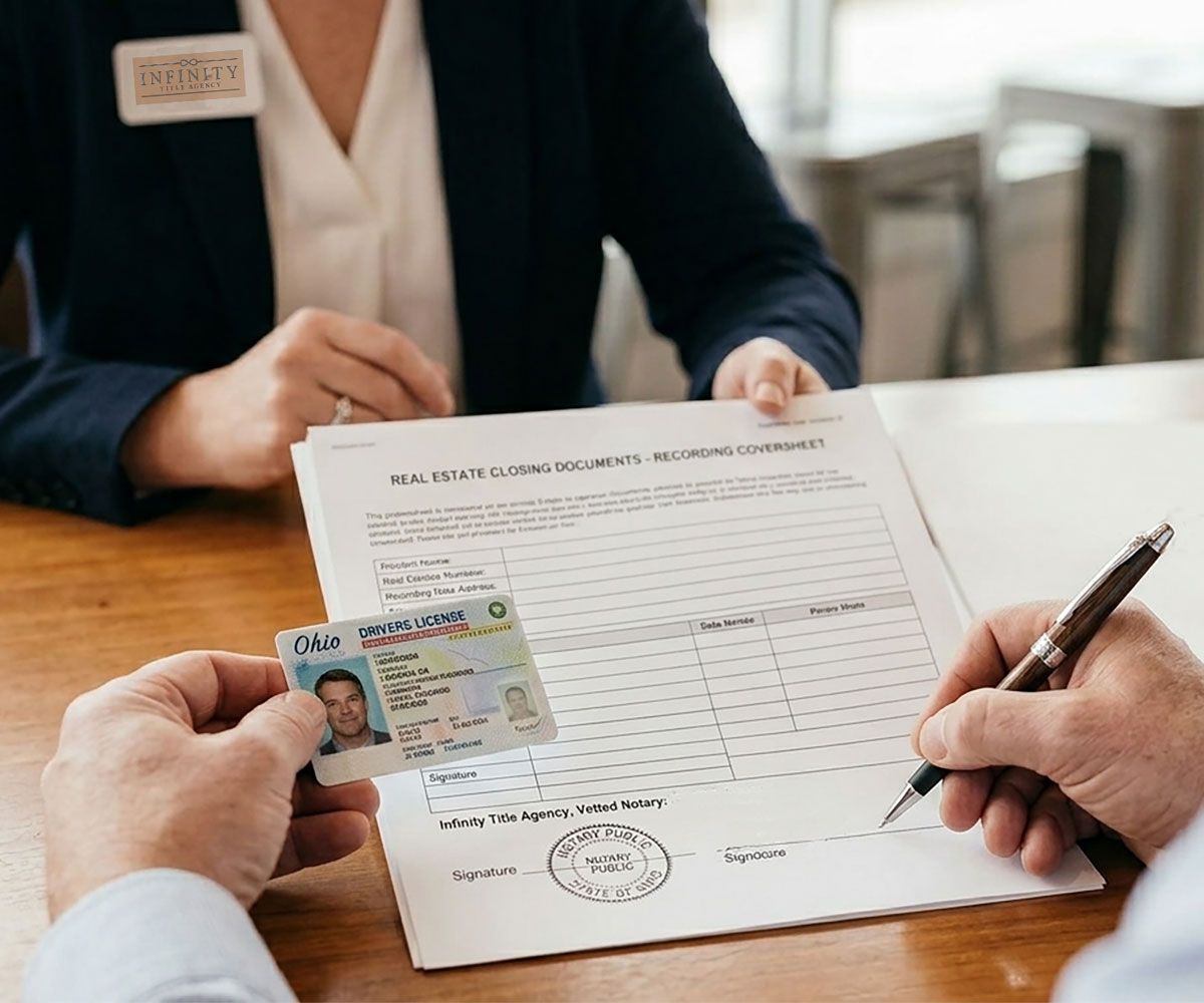 A man signing real estate closing documents with Infinity Title Agency's mobile notary of his Collier County, Florida home during a Mobile Closing title and escrow closing appointment.