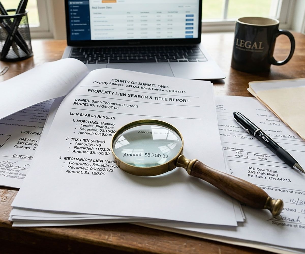 Report from a lien search performed by Infinity Title Agency on a Northeast Ohio real estate property during the escrow closing process