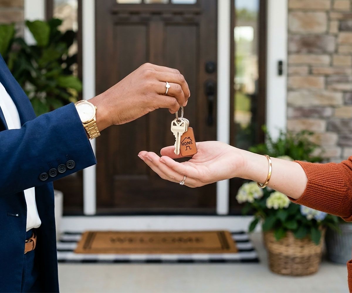 Northeast Ohio real estate agent handing keys to an Infinity Title Agency title search order client after closing on their new home.