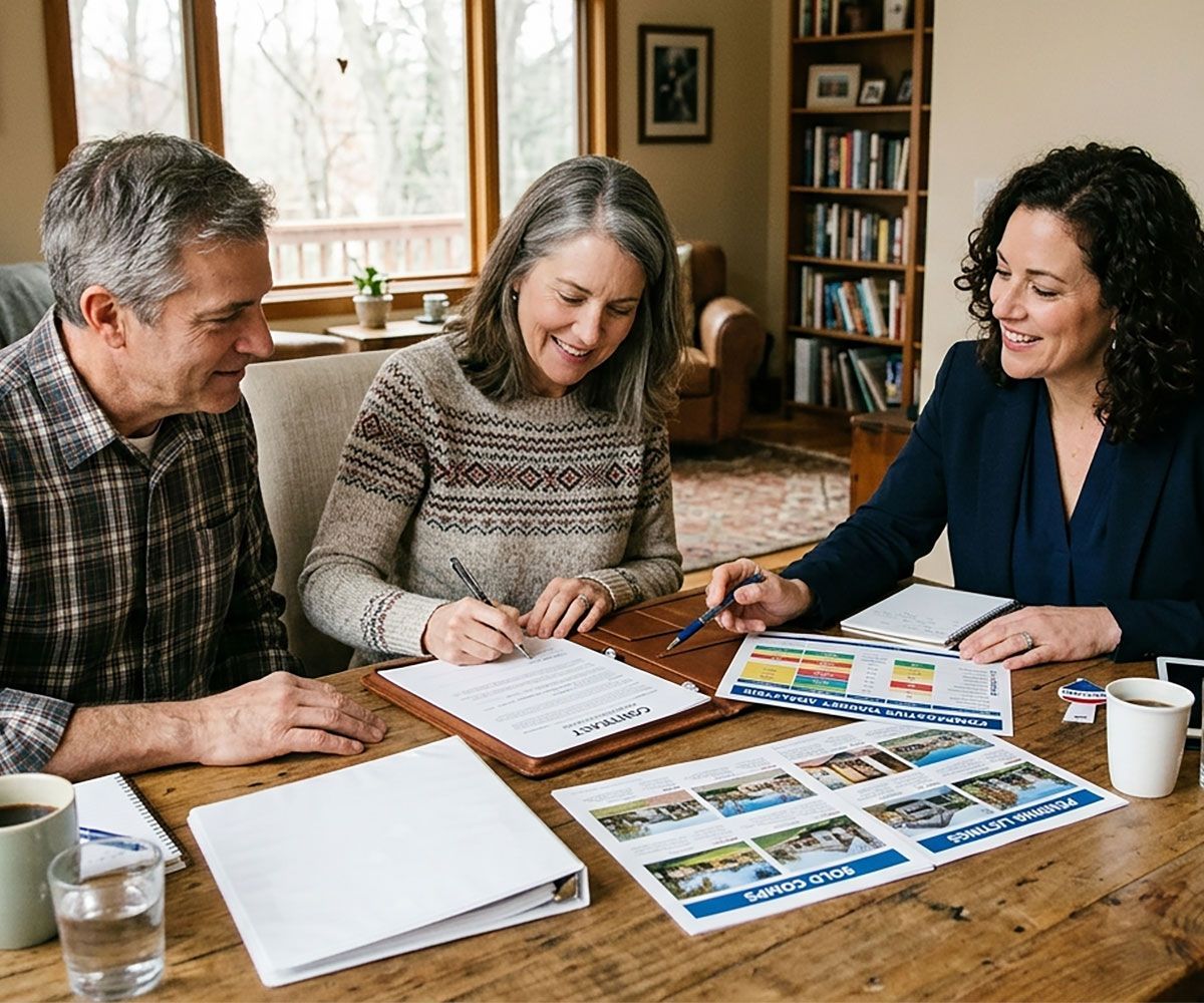 Older couple seller their home and signing contract with Aurora, Ohio real estate agent using Infinity Title Agency for title and escrow closing services.
