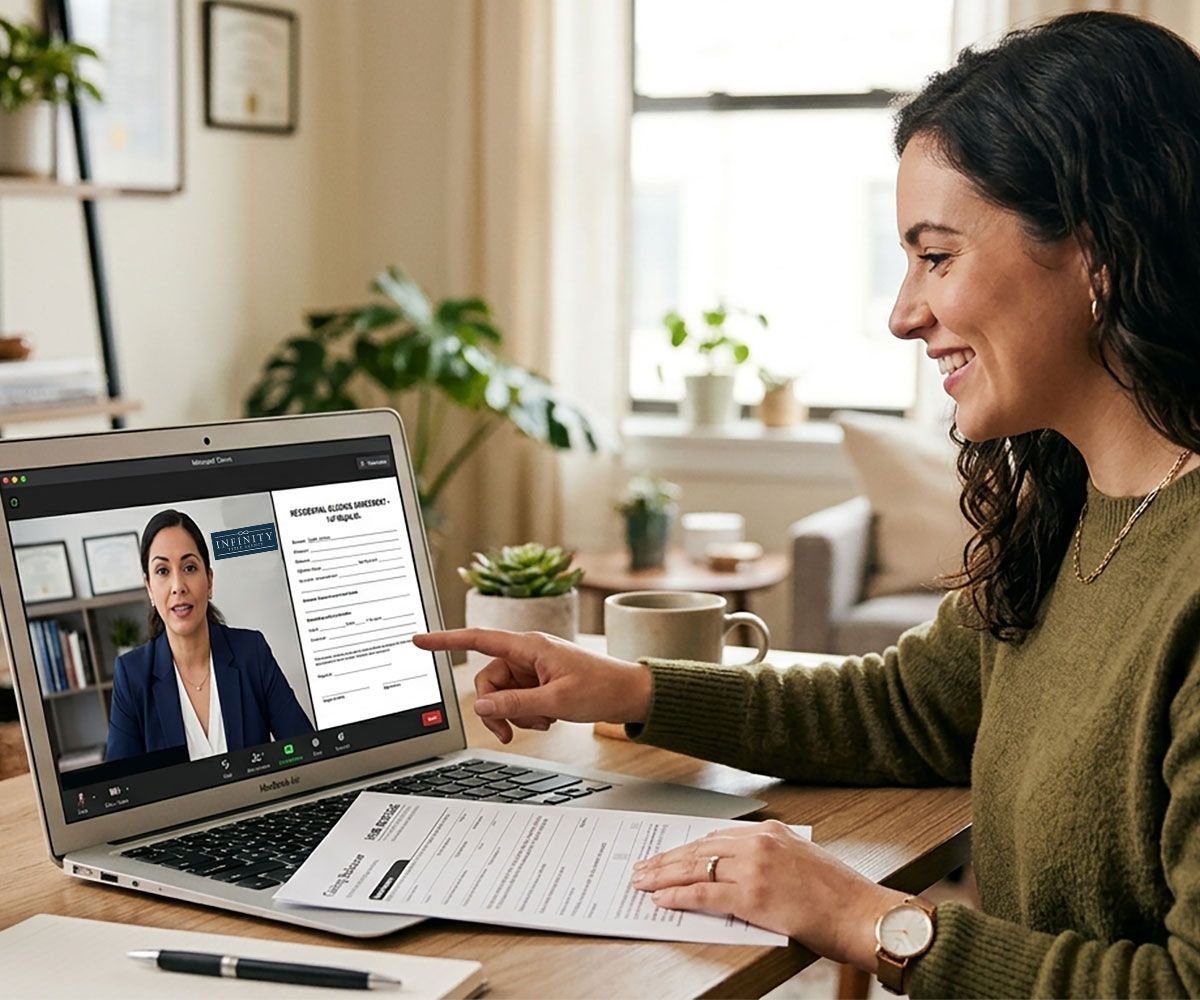 A young woman during her digital and virtual real estate closing on her new Collier County Florida home with Infinity Title Agency remote online notarization team member.