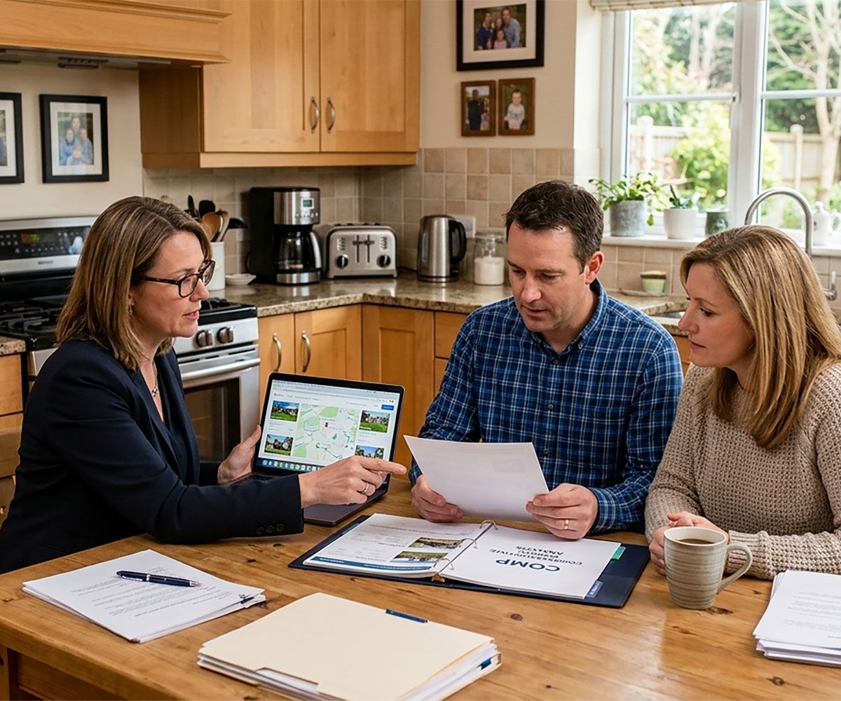 A man and woman sitting with their real estate agent looking at property comparison pricing of their Bradenton, Florida home for which Infinity Title Agency will be the title and escrow closing company.