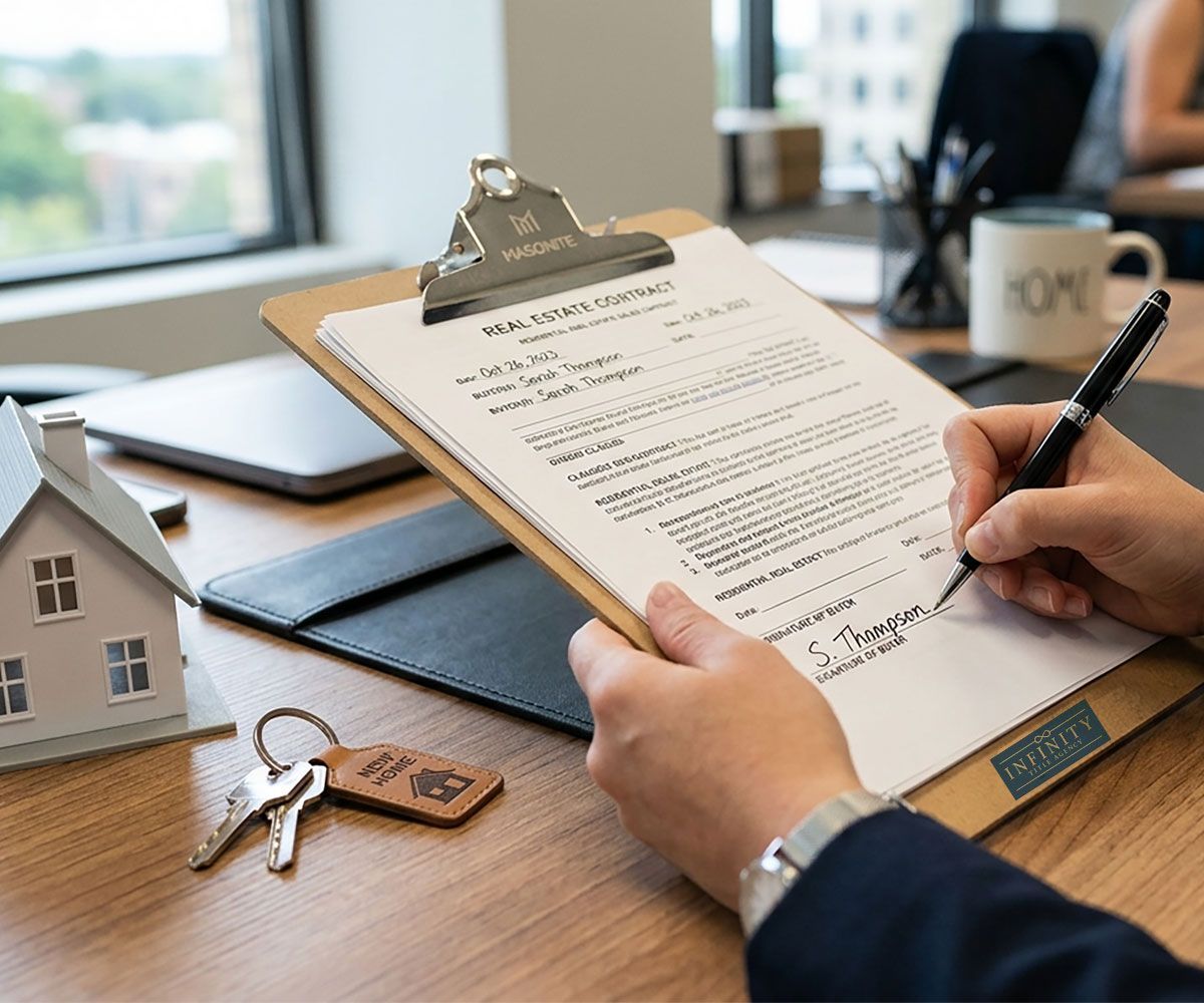 Woman signing a real estate contract closing on a Northeast Ohio home with title insurance from Infinity Title Agency