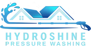 Hydroshine Pressure Washing logo with blue house roof, water splash, and brush icon