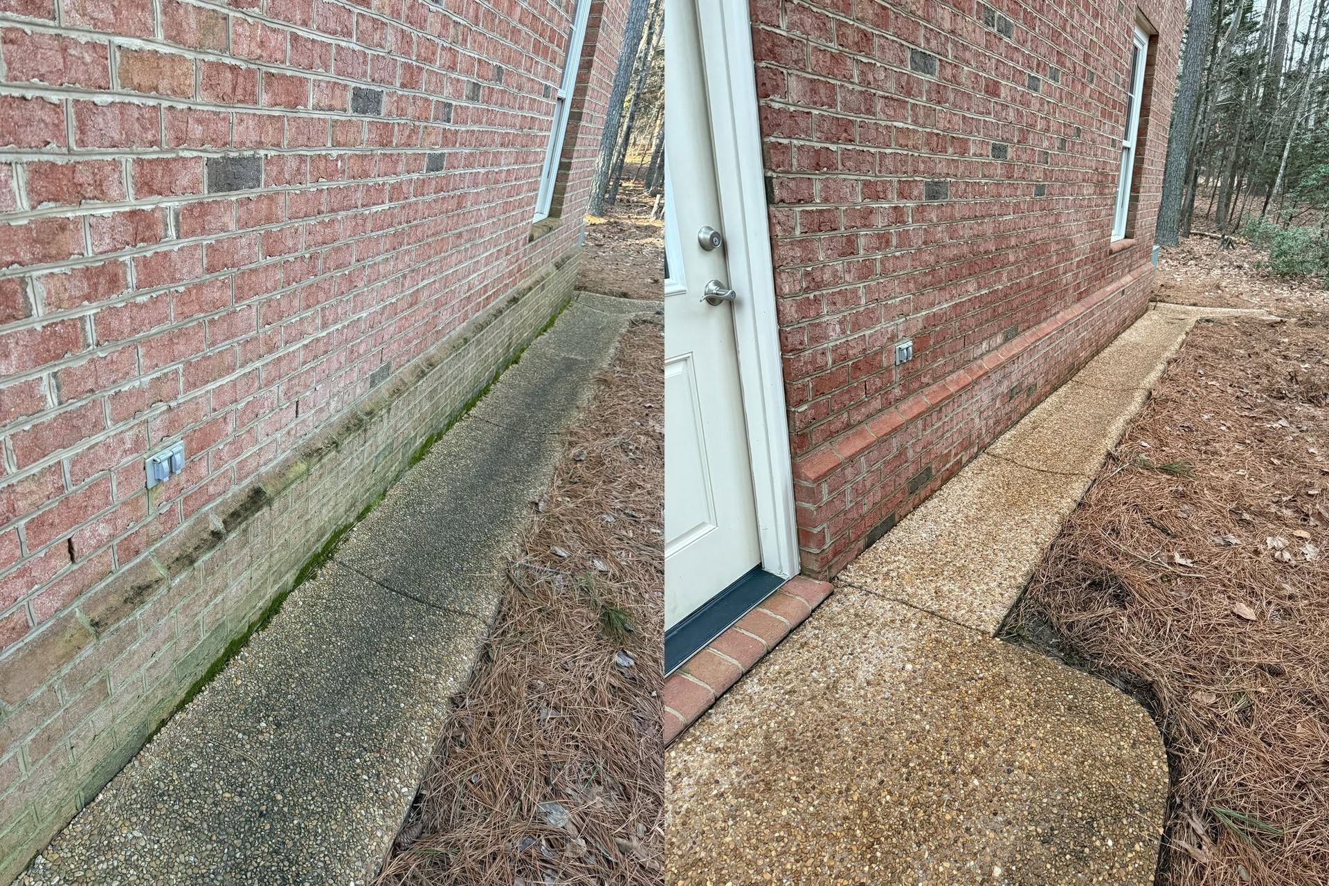 Brick house wall with a white door and concrete paths on both sides of the building