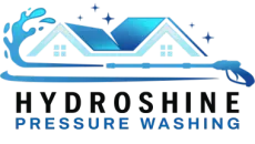Hydroshine Pressure Washing logo with blue house, water spray, and text on white background