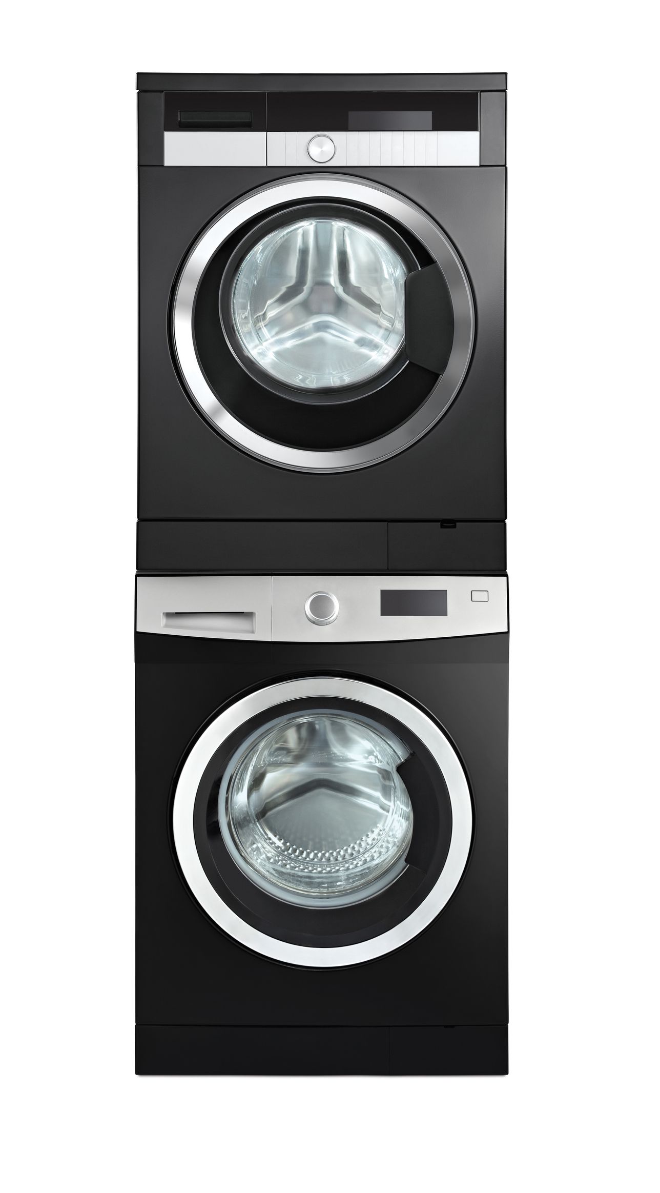 A washer and dryer are stacked on top of each other on a white background.
