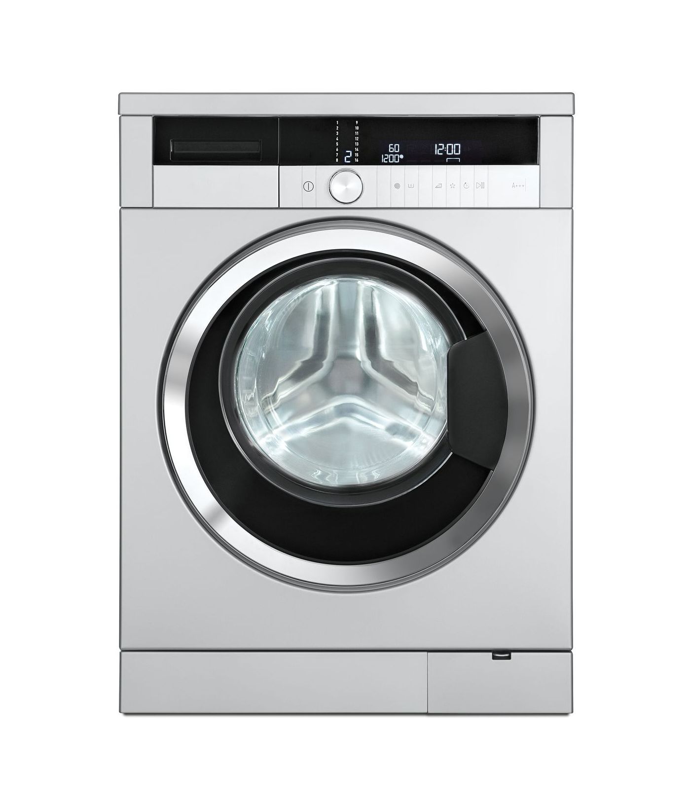 A stainless steel washing machine with a black door on a white background.