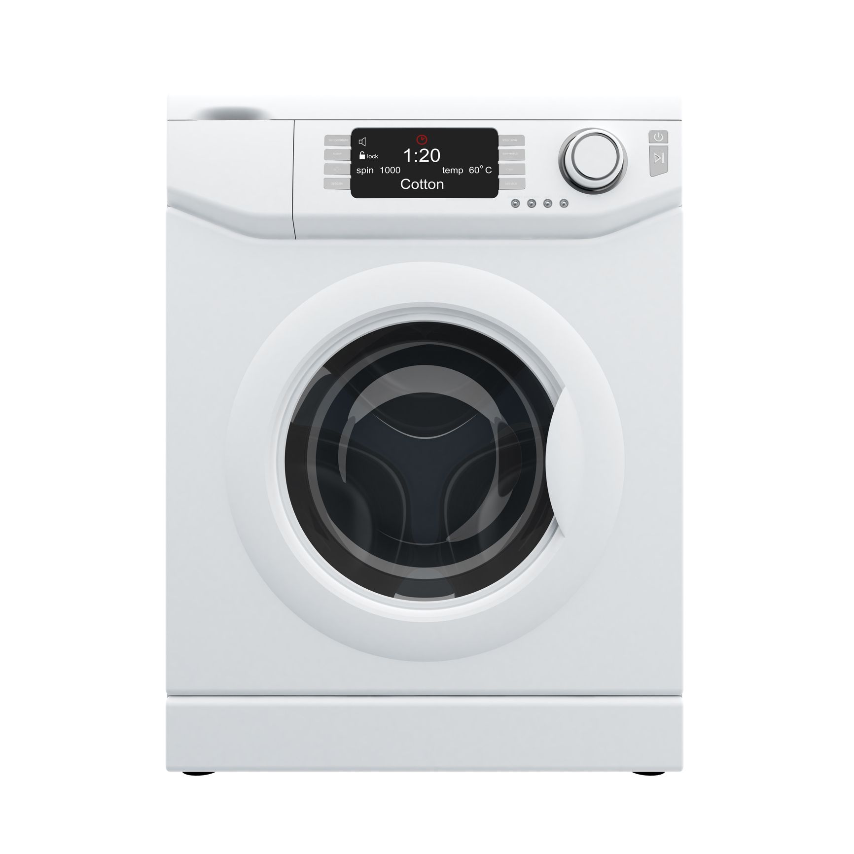 A white washing machine is sitting on a white surface.