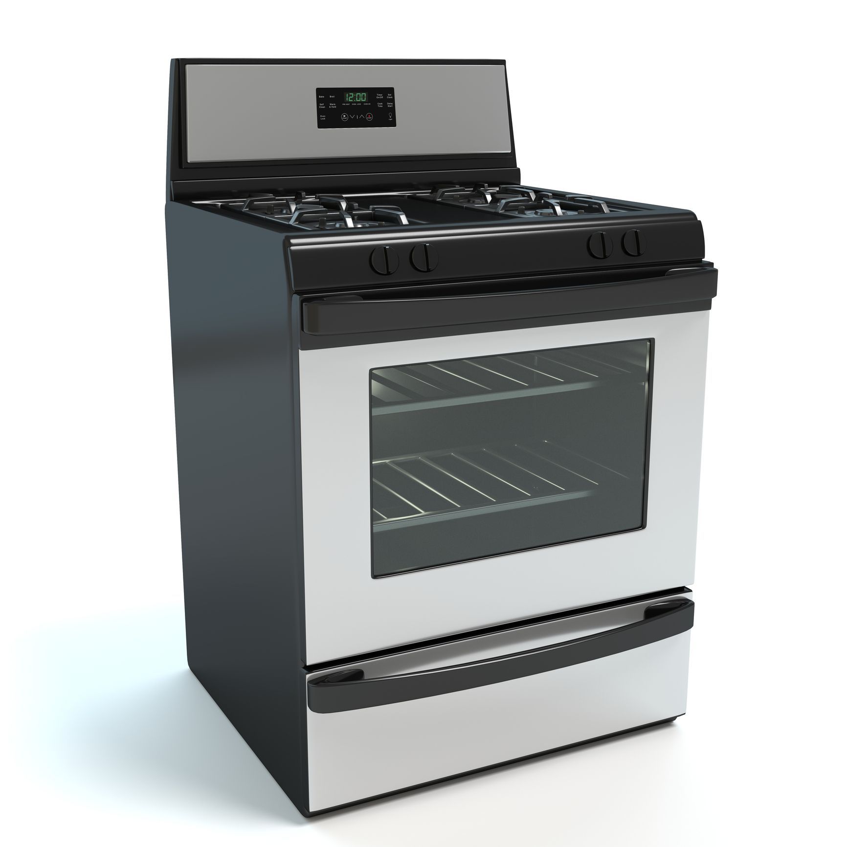 A 3d model of a gas stove with a digital display
