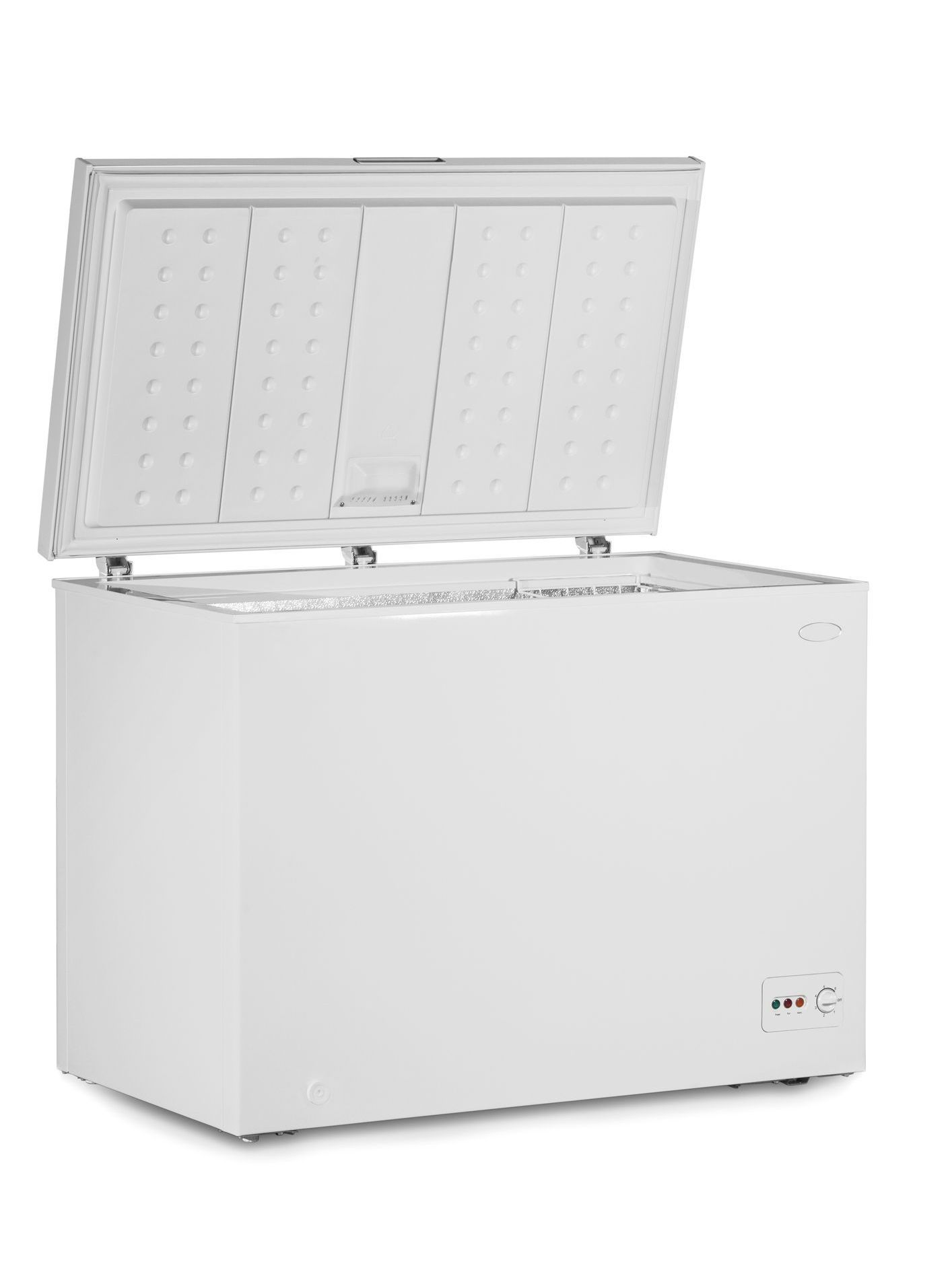 A white chest freezer with the lid open