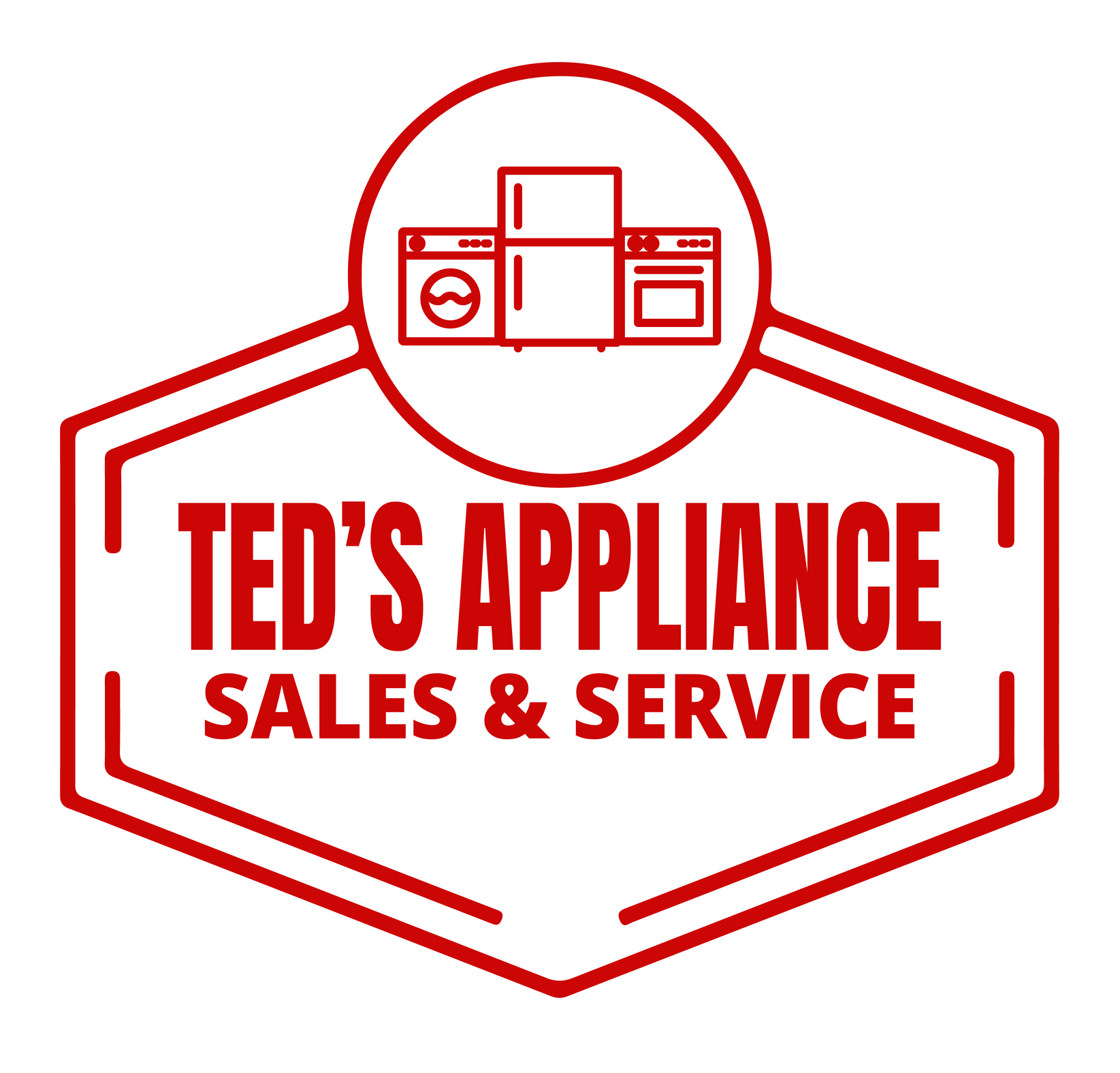 A red logo for ted 's appliance sales and service.