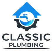 Logo for Classic Plumbing. Features a blue house shape above a faucet and water design, dark gear, and text.