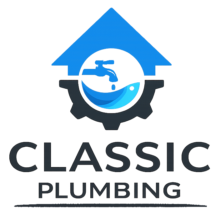 Logo for Classic Plumbing. Features a blue house shape above a faucet and water design, dark gear, and text.
