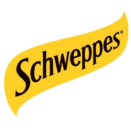 Schweppes logo in black script on a yellow swoosh background
