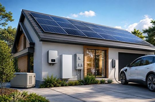 Modern house with solar panels, air-conditioning unit, and a parked car in the driveway