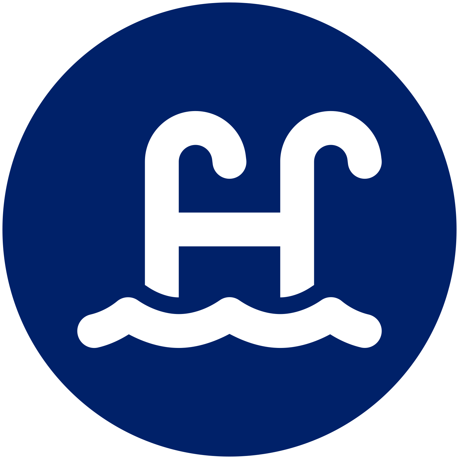 A blue circle with a white h and waves inside of it.