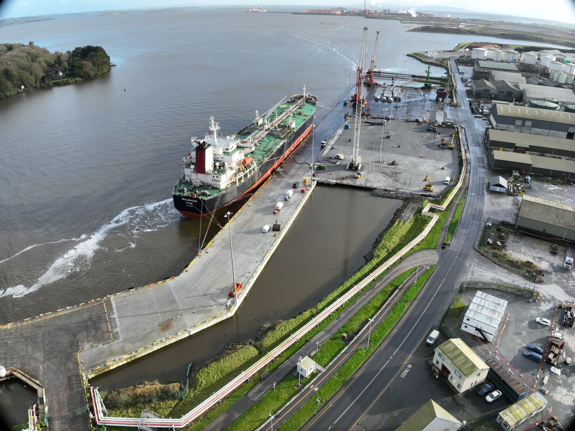 An aerial view of a large ship in the water