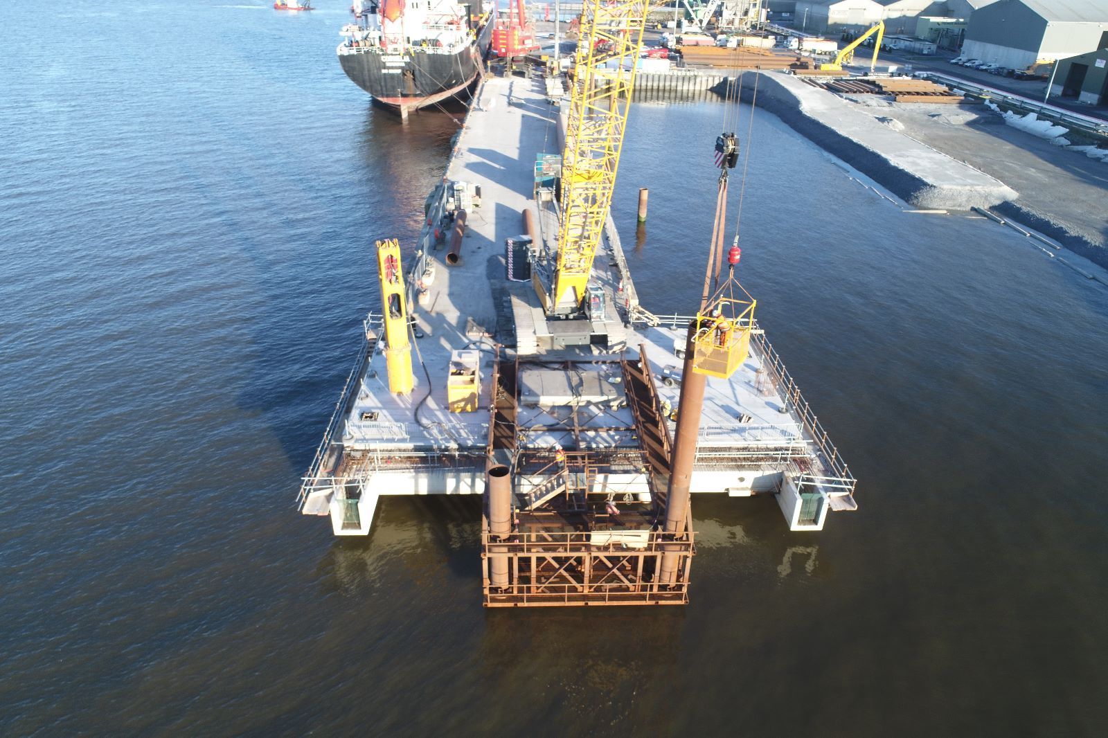 An aerial view of a large ship in the water