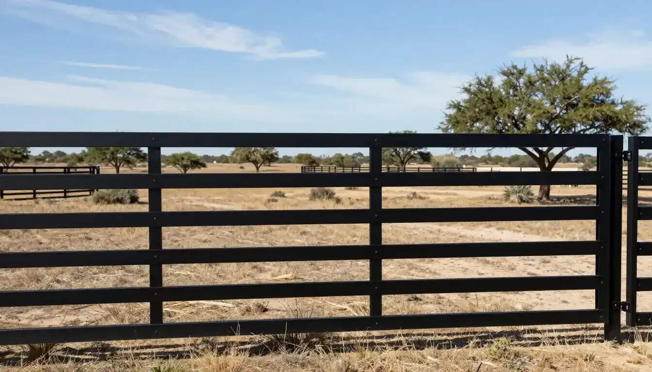 Black metal ranch gate in front of a dry field with scattered trees under a clear sky