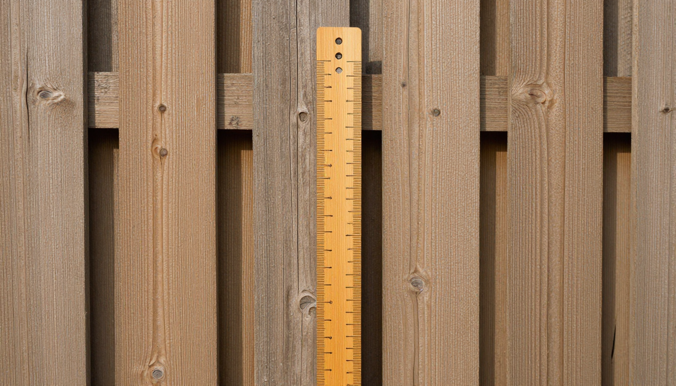 Yellow ruler measuring height against a wooden fence slat.