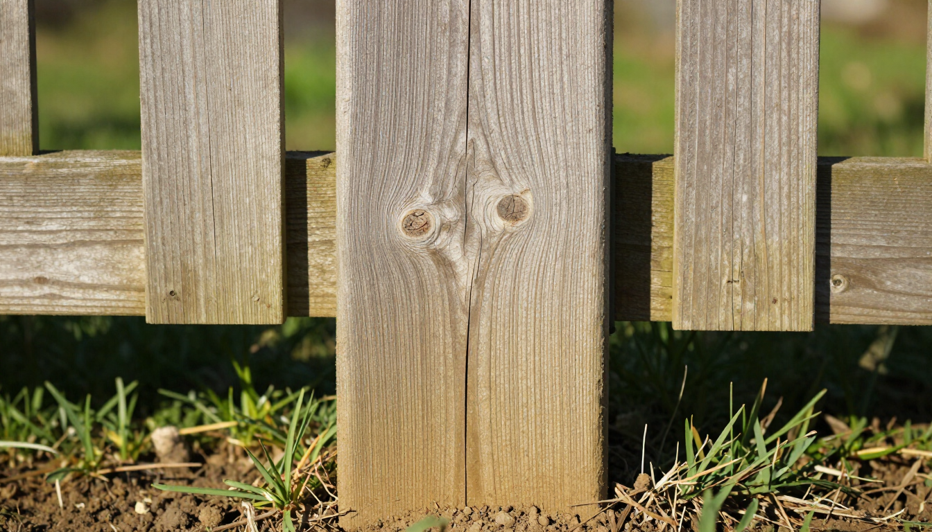 Weathered wooden fence with vertical slats above a patch of grass and dirt