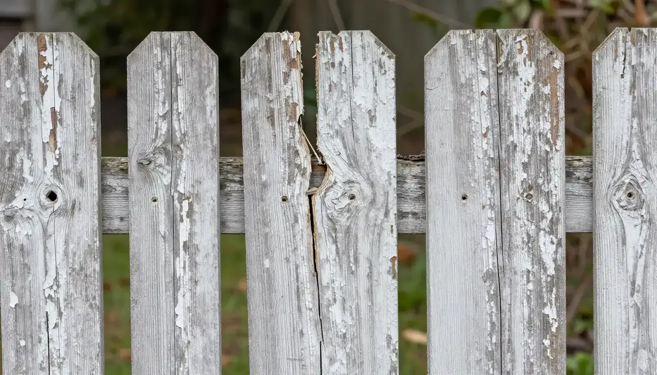 Weathered white wooden fence slats with peeling paint and a broken center plank