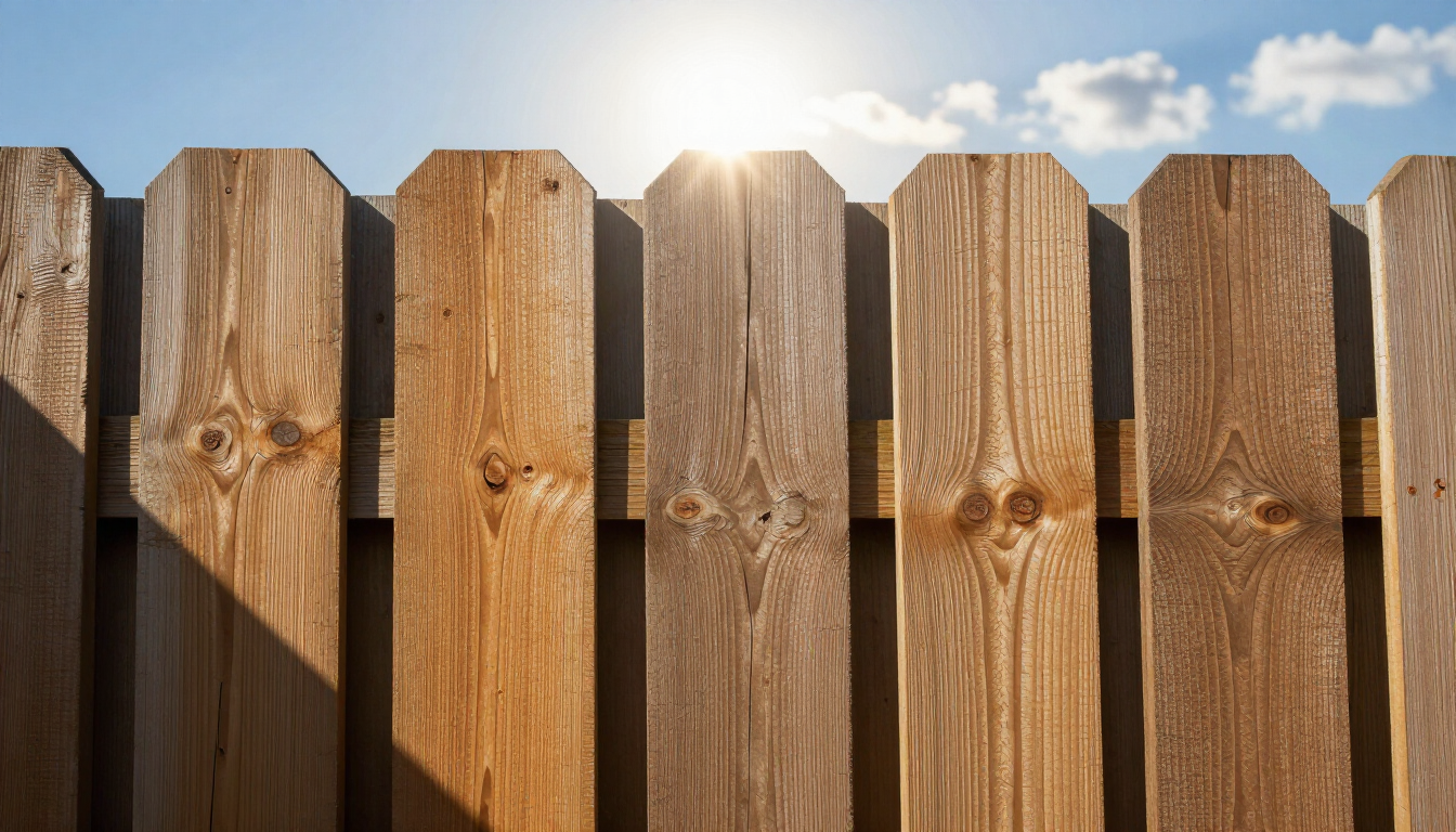 Wooden fence slats with sunlight shining over the top against a blue sky