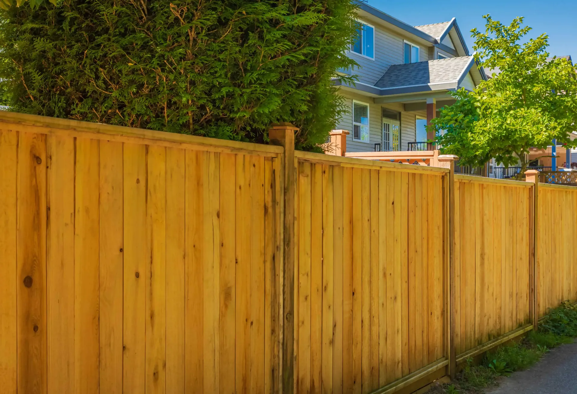 Wooden fence along a sidewalk with houses and trees in the background
