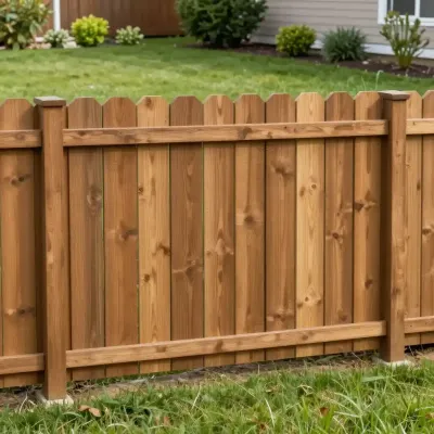 Wooden privacy fence with a scalloped top in a grassy backyard garden