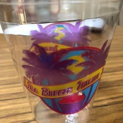 A clear plastic cup featuring a logo with purple palm trees, a yellow sun, and the words 