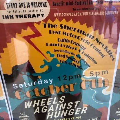 Event poster for Wheels Against Hunger on October 6th, featuring motorcycle contest, food, and activities in Sanford, NC.